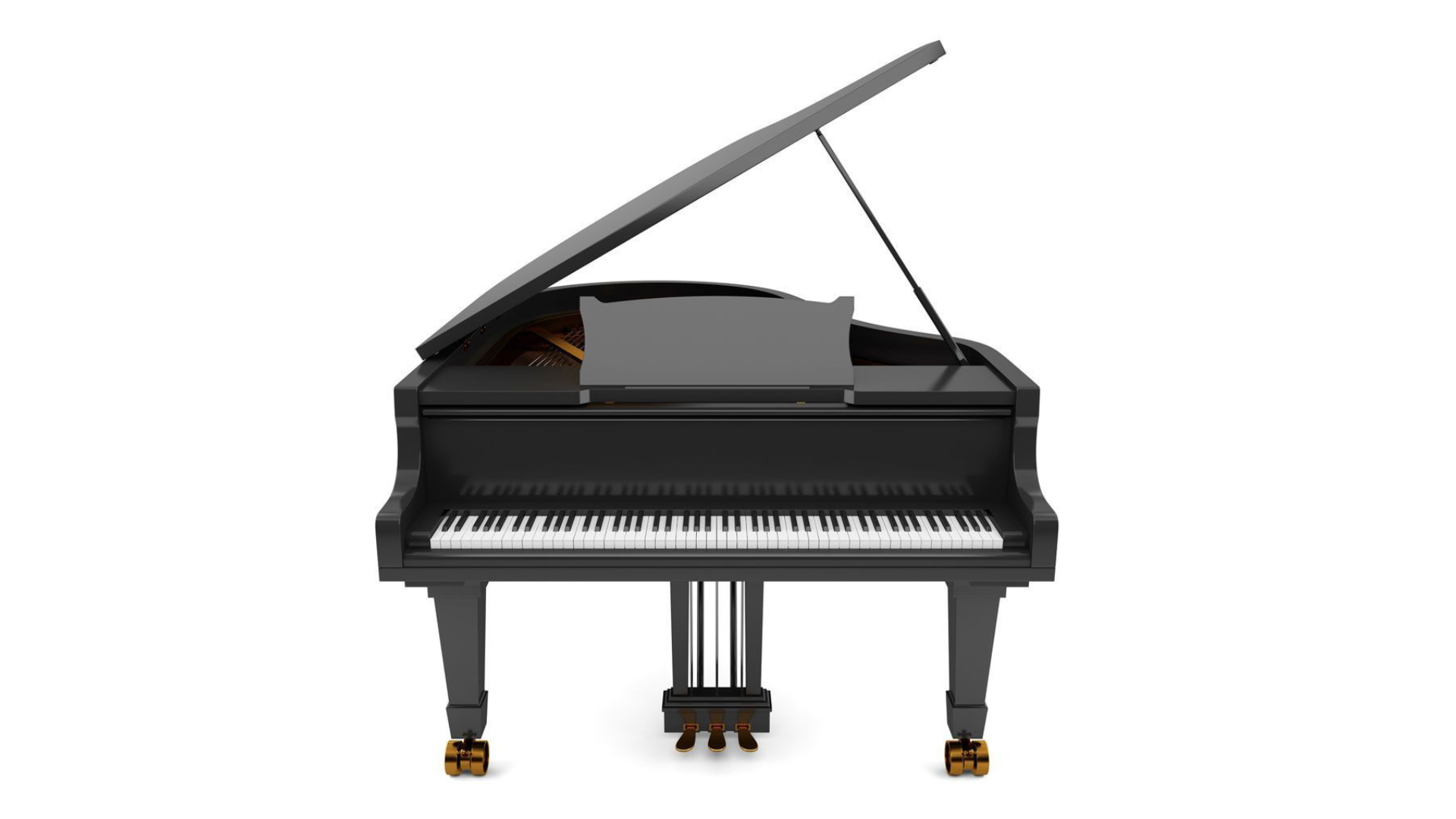 a black grand piano with the lid open on a white background